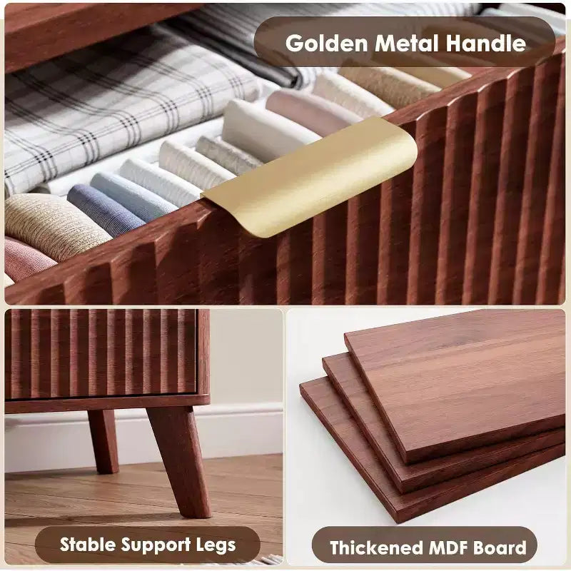 Commode 6 tiroirs pour chambre à coucher, commode de 120 cm de large avec profil incurvé, tiroirs en bois cannelé, commode moderne pour salon