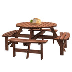 Ensemble de salle à manger rond en bois de sapin pour patio extérieur 8 personnes avec 4 bancs intégrés et trou pour parasol