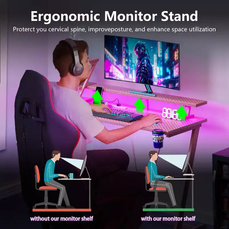 Bureau de jeu en L de 47 pouces rose pour petits espaces, table d'angle pour ordinateur avec support de moniteur, étagères de rangement, bureau de gamer en fibre de carbone, robuste pour salle PC