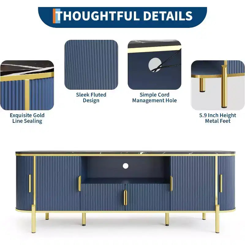 Meuble TV cannelé COZONY de 178 cm pour téléviseurs jusqu'à 80 pouces, console multimédia avec plateau en faux marbre et portes coulissantes