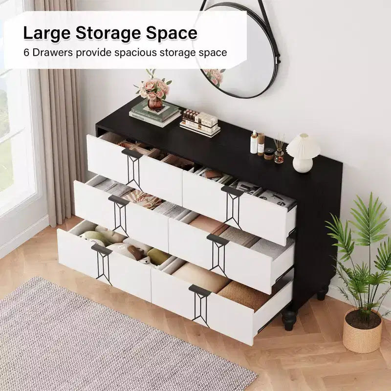 Commode à 6 tiroirs pour chambre à coucher, commode en bois moderne avec tiroirs profonds, commode pour salon, couloir, entrée