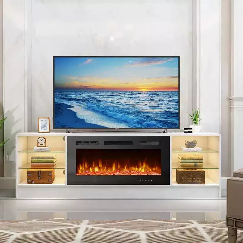 Meuble TV EROMMY 36'' avec cheminée électrique, centre de divertissement et console TV pour téléviseurs jusqu'à 80'', chauffage de cheminée moderne pour salon - Blanc