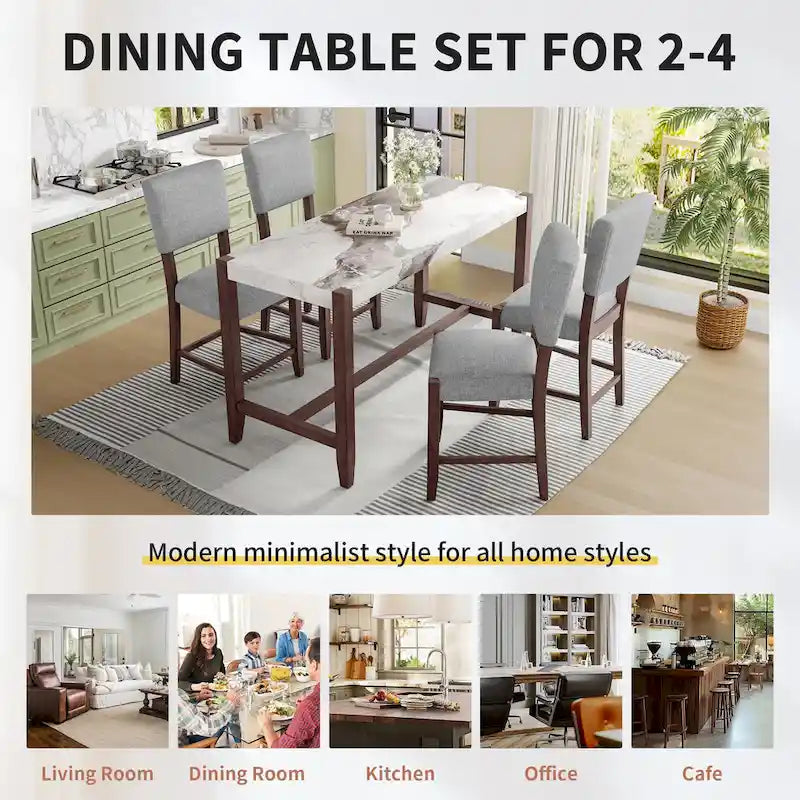 Ensemble de salle à manger 5 pièces à hauteur de comptoir, table de bar en faux marbre et 4 chaises rembourrées