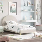Cadre de lit moderne pour enfants avec tête de lit capitonnée en boucle et archeLattes en bois robustes, sans bruit, aucun sommier saisonnier nécessaire, assemblage facileLit jumeau