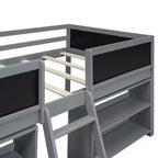 Lit mezzanine bas Whisen de 198 cm (78 po) de long x 99 cm (39 po) de large, format jumeau, avec deux étagères mobiles et une échelle, et une barrière décorative tableau noir