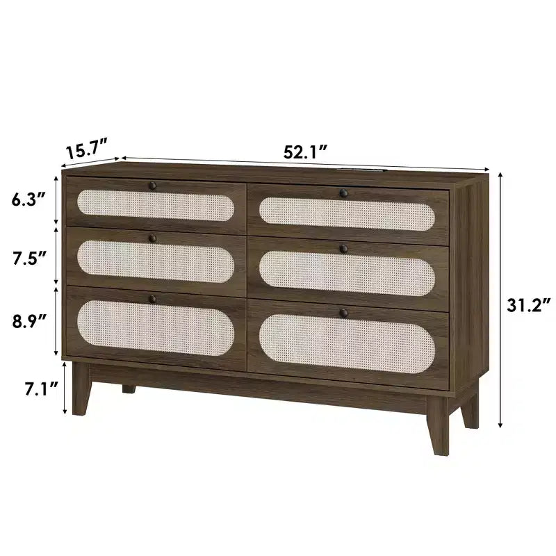 52.1 Commode en rotin avec station de charge, commode en bois à 6 tiroirs pour chambre à coucher avec tiroirs de capacités variées