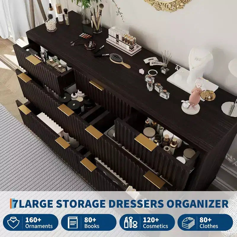 Commode moderne cannelée à 7 tiroirs, meuble de rangement de style Mid-century, organiseur de rangement en bois pour chambre à coucher, salon