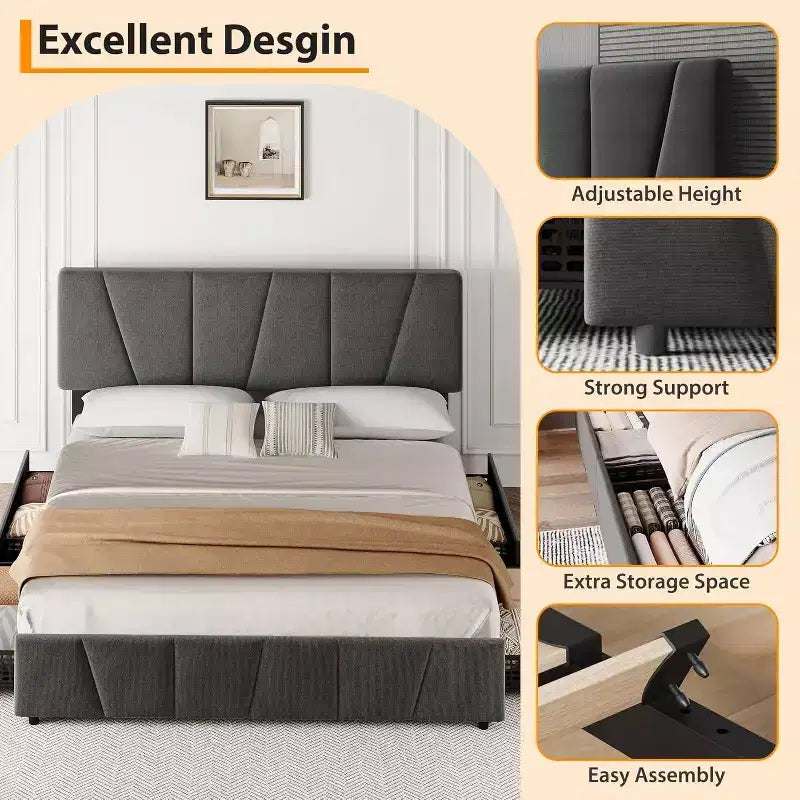 Lit Queen Size avec tête de lit réglable et 4 tiroirs de rangement, cadre de lit plateforme rembourré doux avec support à lattes en bois