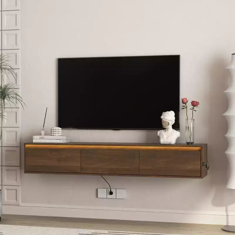 JVNOXK Meuble TV flottant mural de 162,5 cm en bois avec éclairage LED et prise de courant, finition brillante, idéal pour les salons. Ton bois.