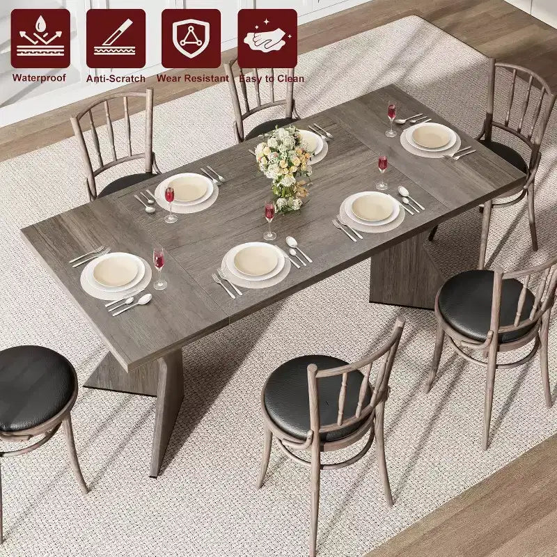 Table de salle à manger CuisinSmart 70,9 pouces pour 6 personnes, table de cuisine rectangulaire de style ferme avec cadre robuste et pieds en V, bureau épais en bois