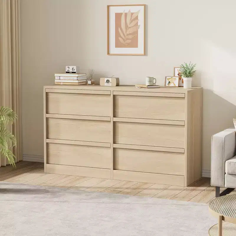 Commode 6 tiroirs CuisinSmart pour chambre à coucher, double commode de rangement naturelle avec poignées concaves, commode moderne, bois naturel