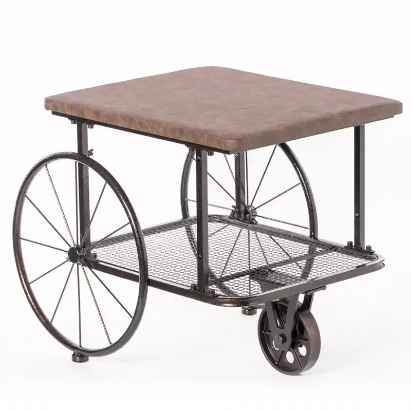 Table basse de style chariot industriel Vintiquewise avec dessus en bois rustique, grandes roues à rayons, étagère en filet, table d'appoint fonctionnelle et porte-revues