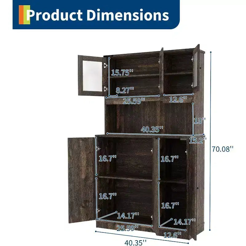 Armoire de cuisine haute de 71 po avec station de recharge, vaisselier de style rustique avec support à micro-ondes et comptoir ouvert pour salon ou salle à manger