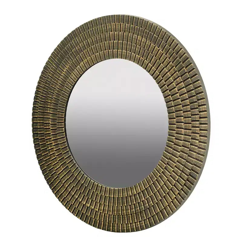 Miroir Mural Rond en Bois Or et Noir de 75 cm avec Texture Tressée