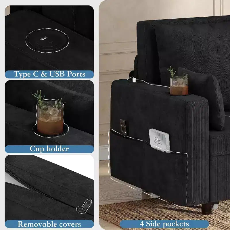 Canapé-lit convertible, canapé-lit escamotable de 142 cm, canapé-lit deux places avec 4 oreillers, chargement USB, porte-gobelets, poches latérales pour salon, chambre à coucher