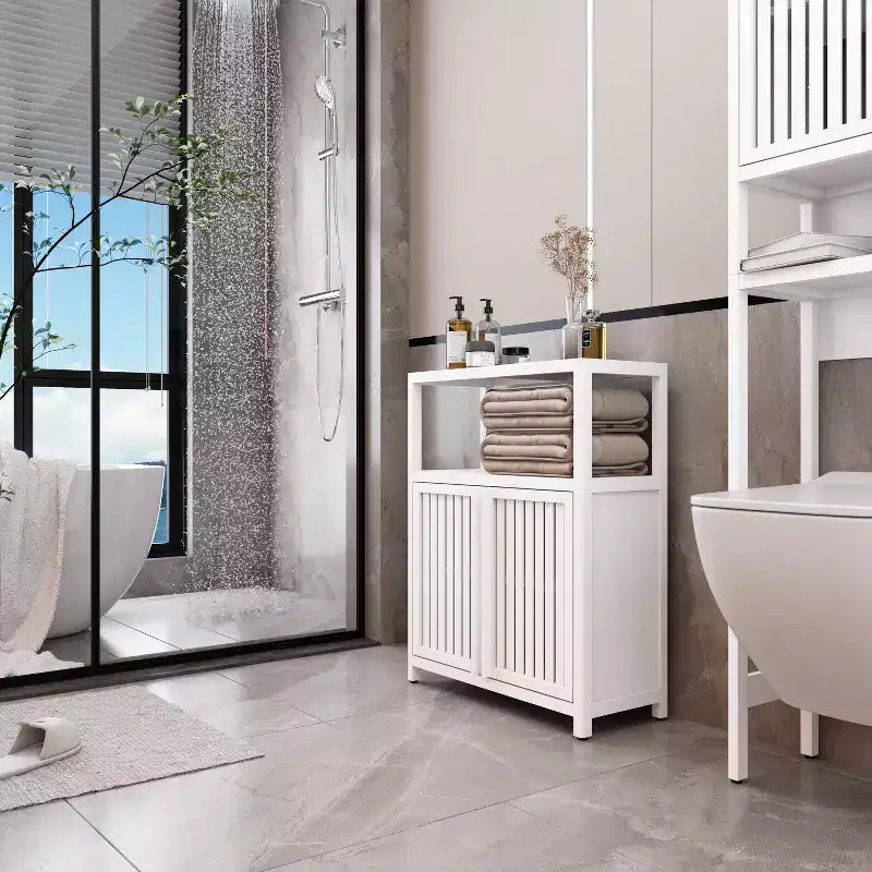 MAYEERTY Grand meuble de rangement en bambou blanc pour salle de bain et salon avec étagères 1 pièce