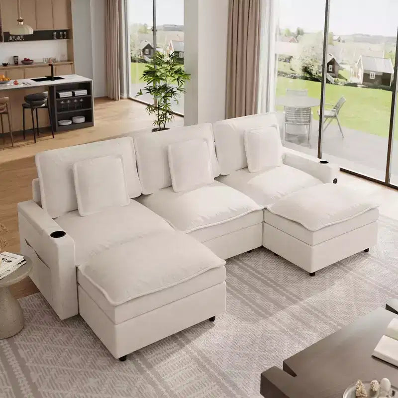Canapé modulable de 274 cm, canapé d'angle en U surdimensionné, canapé moderne en chenille avec assise extra profonde, canapé convertible 6 places, beige