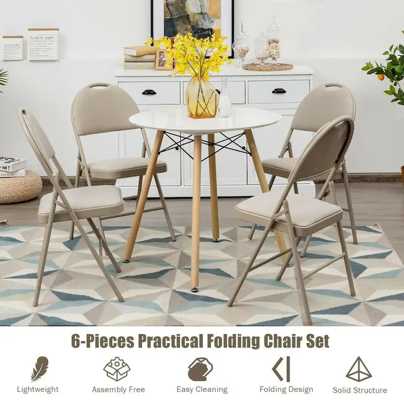 Lot de 6 chaises pliantes portables rembourrées pour bureau, cuisine, salle à manger – Beige – 47 x 51 x 89 cm (L x l x H)