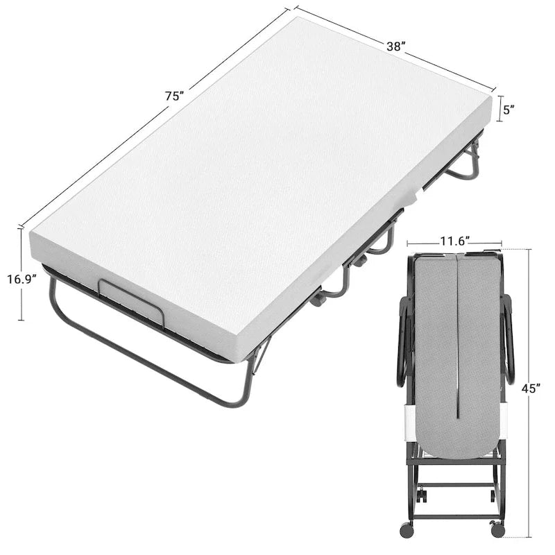 Lit d'appoint pliant roulant en acier gris et noir avec matelas en mousse à mémoire de forme de 5 et roues pour 1 personne