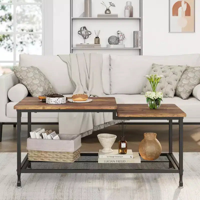 Table basse GustoWave en bois, table d'appoint à 2 niveaux avec étagère en maille pour salon, chambre, bureau, marron rustique