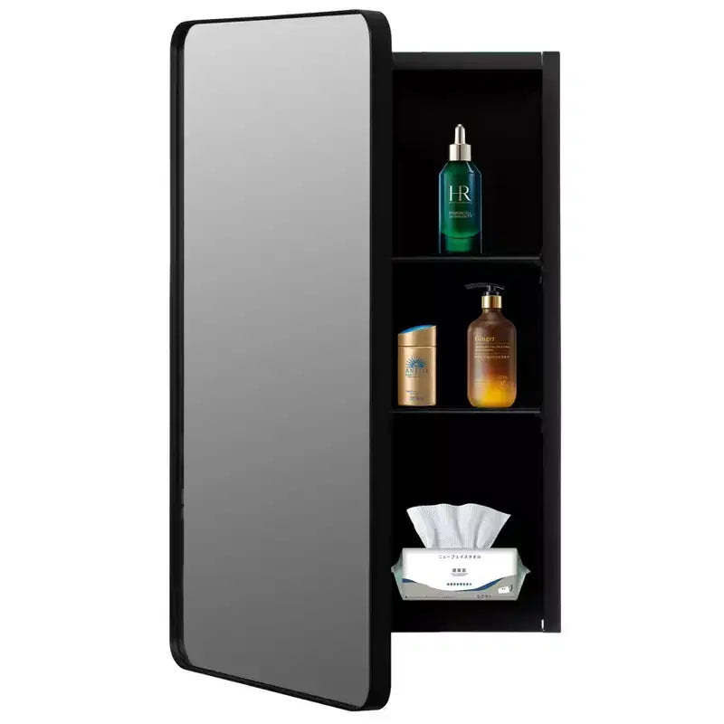 Armoire à pharmacie Basicwise en aluminium pour salle de bain, miroir biseauté, cadre rond, 2 étagères réglables, montage en saillie ou encastré, finition noire