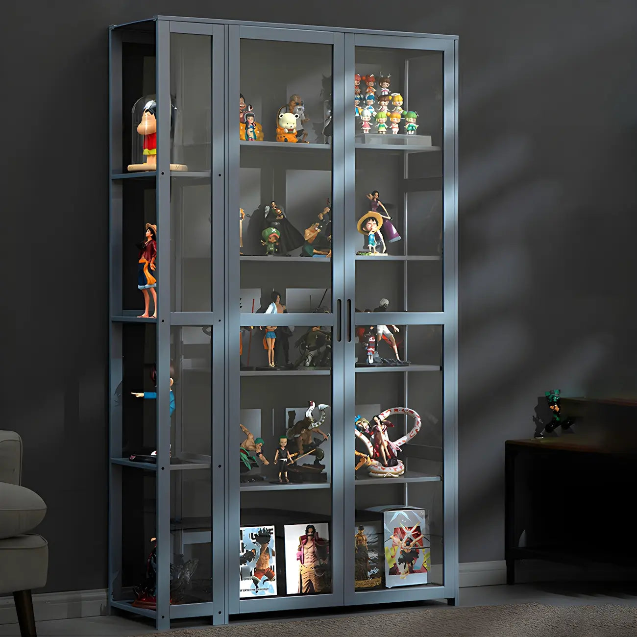 Vitrine de présentation ouverte en bambou et verre, 7 étagères, couleur beige