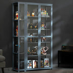 Vitrine de présentation ouverte en bambou et verre, 7 étagères, couleur beige
