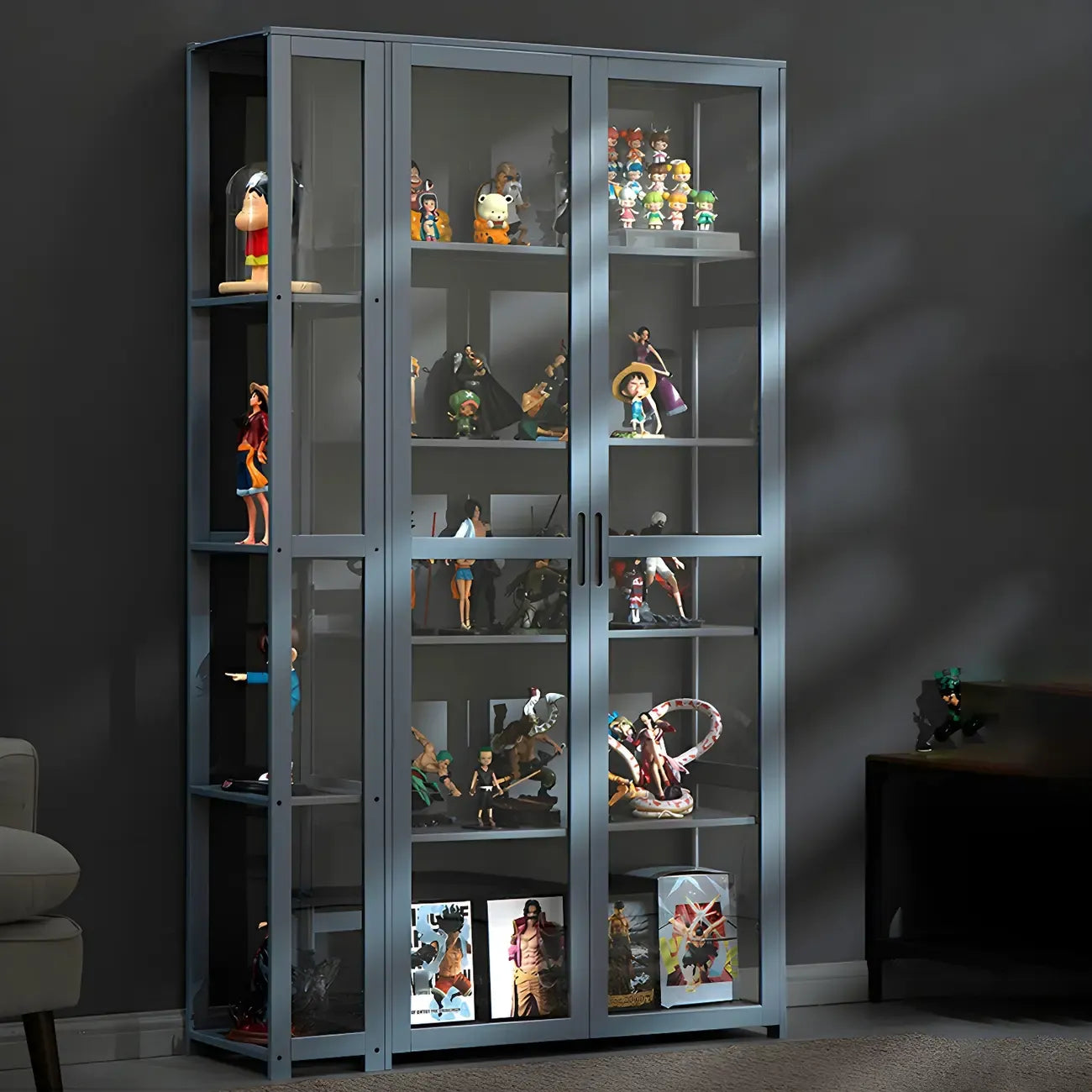 Vitrine de présentation ouverte en bambou et verre, 7 étagères, couleur beige