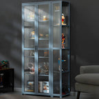 Vitrine de présentation ouverte en bambou et verre, 7 étagères, couleur beige