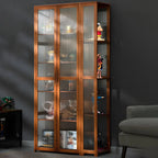Vitrine de présentation ouverte en bambou et verre, 7 étagères, couleur beige