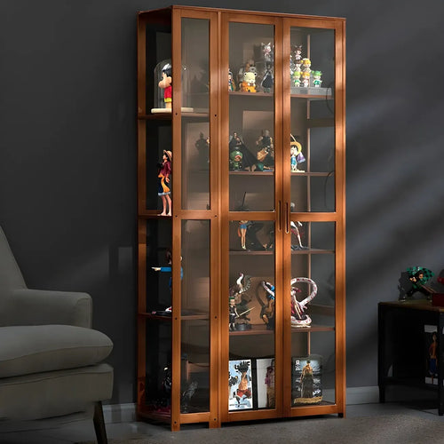 Vitrine de présentation ouverte en bambou et verre, 7 étagères, couleur beige