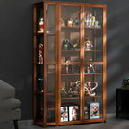 Vitrine de présentation ouverte en bambou et verre, 7 étagères, couleur beige