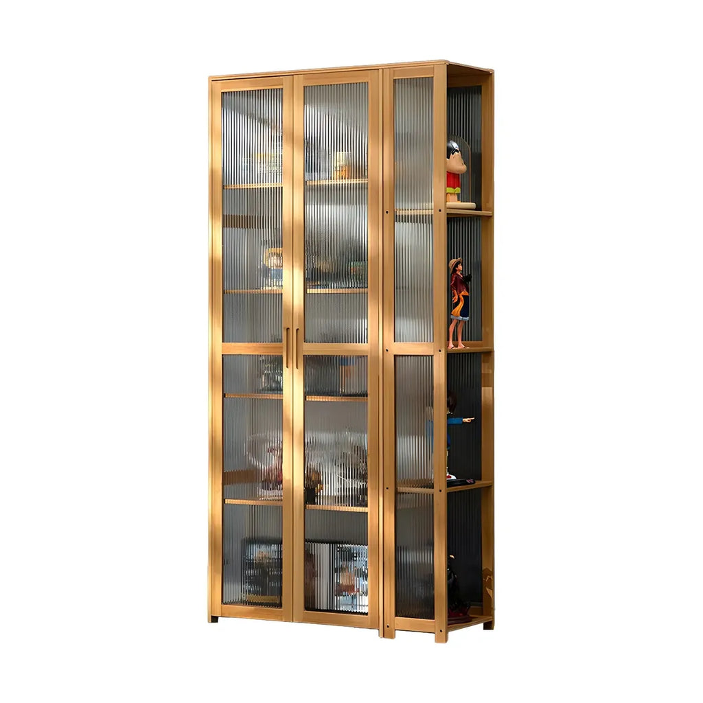 Vitrine de présentation ouverte en bambou et verre, 7 étagères, couleur beige
