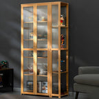 Vitrine de présentation ouverte en bambou et verre, 7 étagères, couleur beige