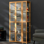 Vitrine de présentation ouverte en bambou et verre, 7 étagères, couleur beige