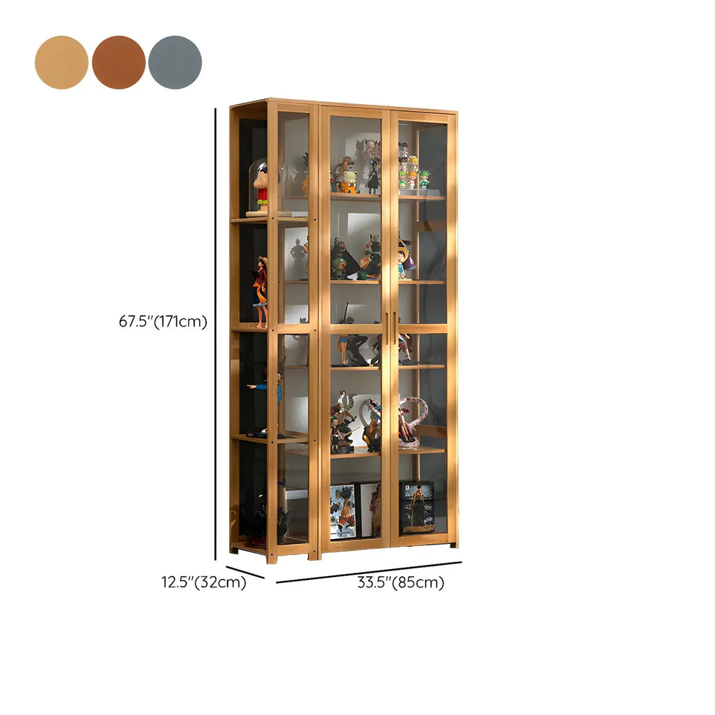 Vitrine de présentation ouverte en bambou et verre, 7 étagères, couleur beige