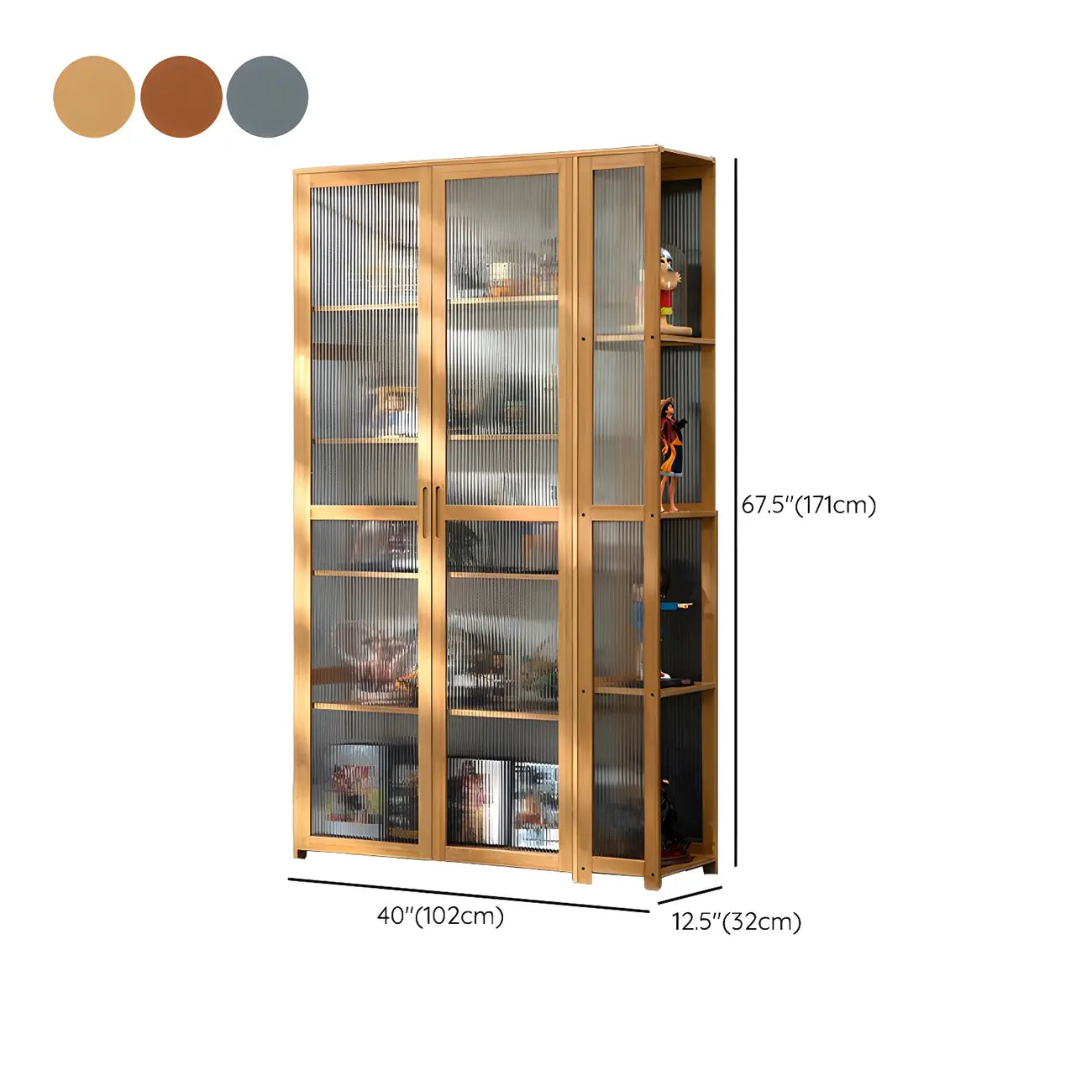 Vitrine de présentation ouverte en bambou et verre, 7 étagères, couleur beige