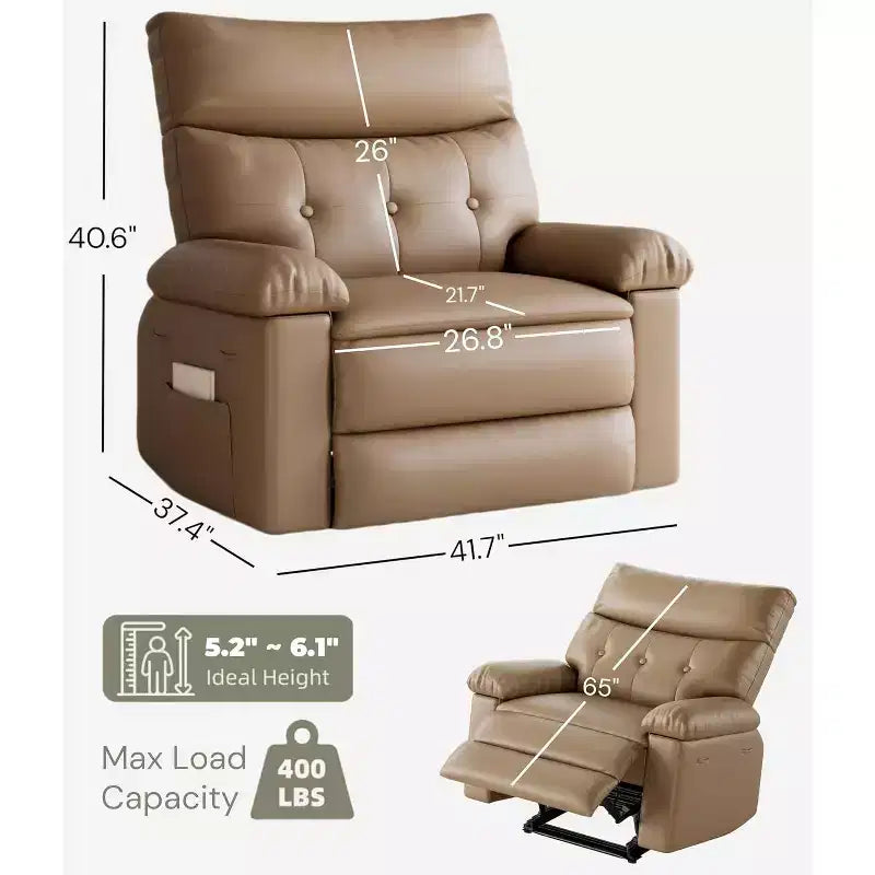 Fauteuil inclinable en cuir surdimensionné, inclinable manuel extra large, chaise longue avec accoudoirs et dossier confortables en éponge 1,5X pour salon, chambre