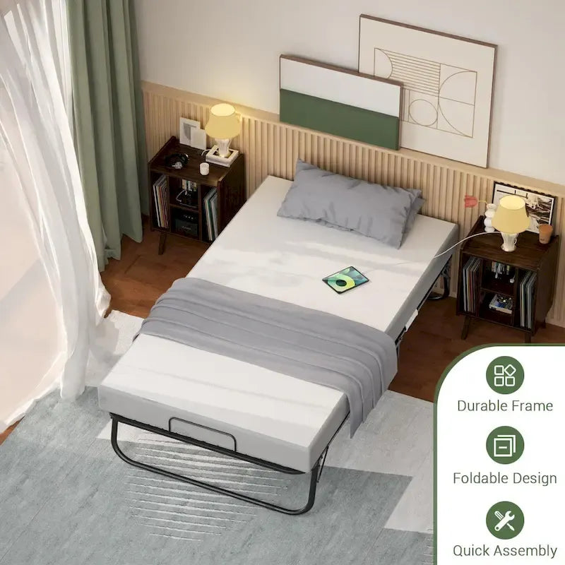 Lit d'appoint pliant roulant en acier gris et noir avec matelas en mousse à mémoire de forme de 5 et roues pour 1 personne