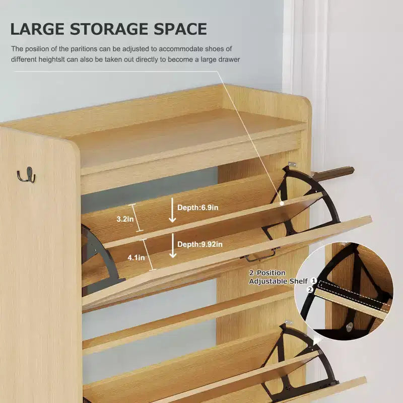 Meuble à chaussures Acekool avec 2 tiroirs basculants et rangement ouvert, pieds de support réglables, poignées métalliques, organisateur d'entrée