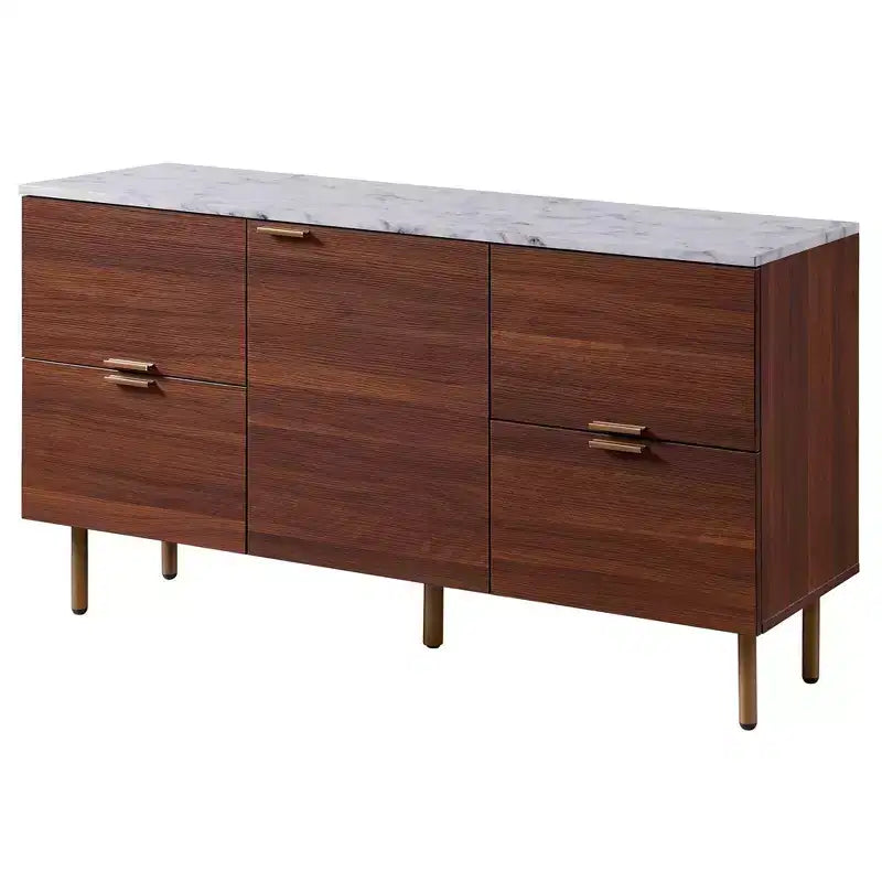 Buffet Ashton avec plateau en faux marbre Noyer – Teamson Home : Rangement Mid-Century, Pieds en laiton, Poignées en métal