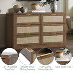 Commode à 6 tiroirs GustoWave pour chambre à coucher, commode en rotin de 133,8 cm de large, en bois avec poignées dorées, meuble TV de style ferme, table d'entrée, chiffonnier