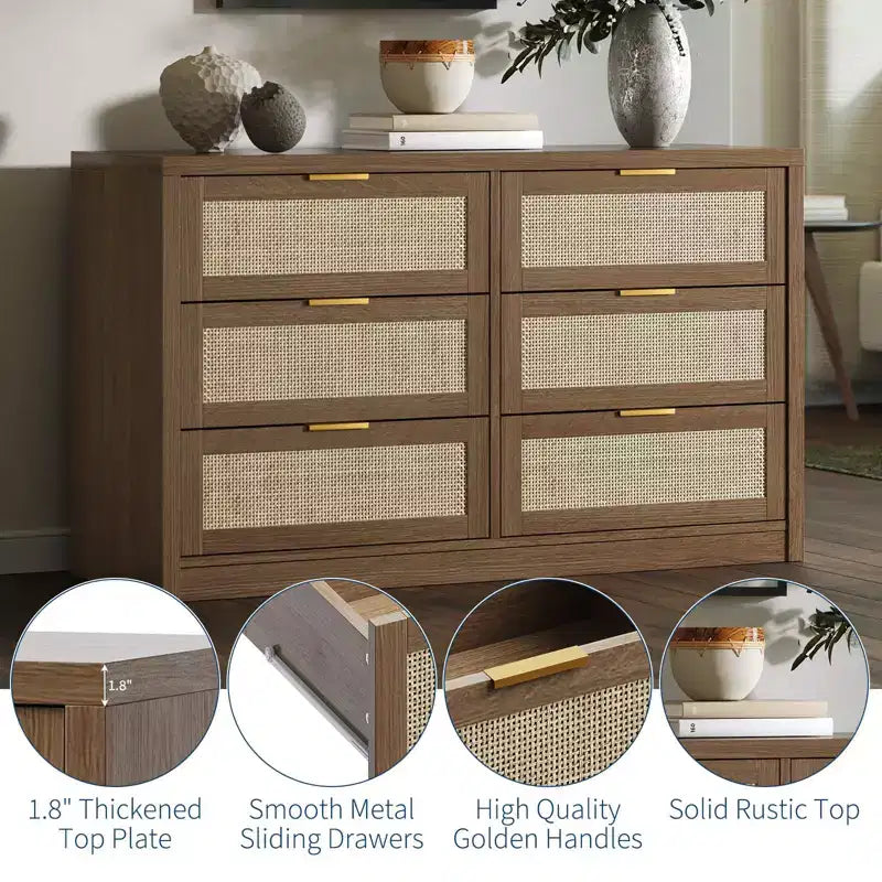 Commode à 6 tiroirs GustoWave pour chambre à coucher, commode en rotin de 133,8 cm de large, en bois avec poignées dorées, meuble TV de style ferme, table d'entrée, chiffonnier