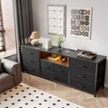 Commode large à 9 tiroirs pour chambre à coucher, coffre de rangement en tissu noir de 160 cm avec lumières LED et prises de courant, adapté pour téléviseur de 190 cm, meuble de rangement pour console média