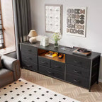Commode large à 9 tiroirs pour chambre à coucher, coffre de rangement en tissu noir de 160 cm avec lumières LED et prises de courant, adapté pour téléviseur de 190 cm, meuble de rangement pour console média