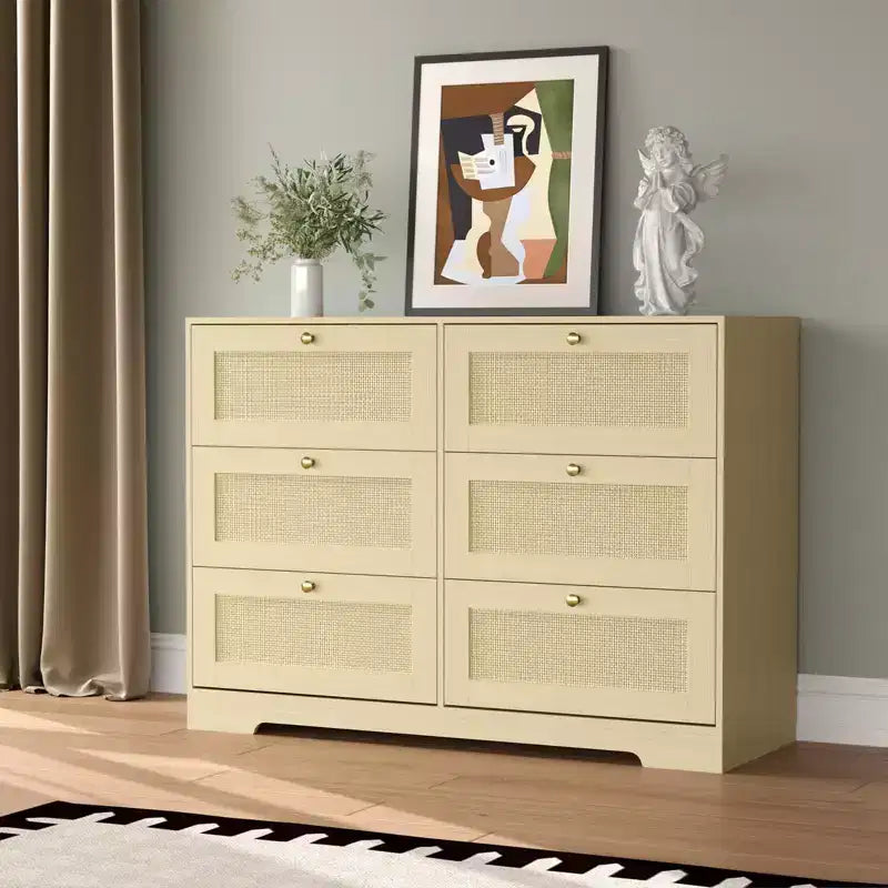 Commode 8 tiroirs CuisinSmart, armoire de rangement en rotin avec cadre en MDF, commode pour chambre à coucher, salon, entrée