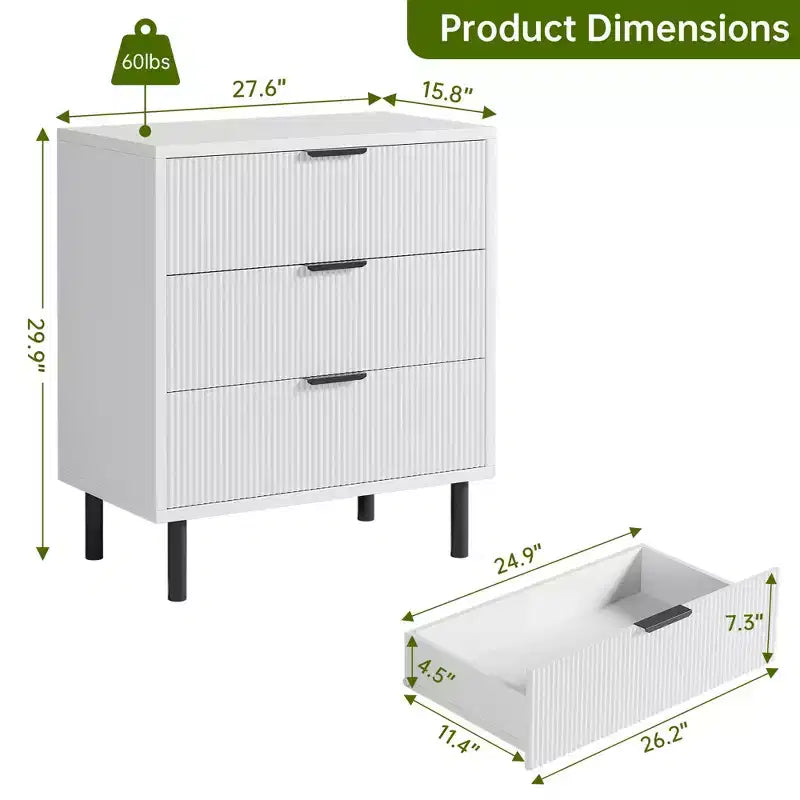 Commode, Meuble à tiroirs – 29,9 po 3 tiroirs cannelés avec pieds en métal et dispositif anti-basculement, rangement blanc pour chambre à coucher, entrée