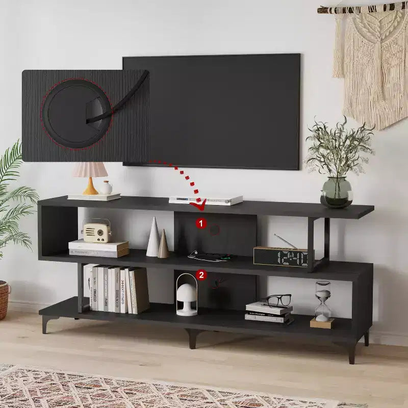 Meuble TV pour téléviseurs jusqu'à 60 pouces, centre de divertissement moderne avec étagère ouverte, station de charge, 4 prises de courant et 2 ports USB, pour salon ou chambre à coucher