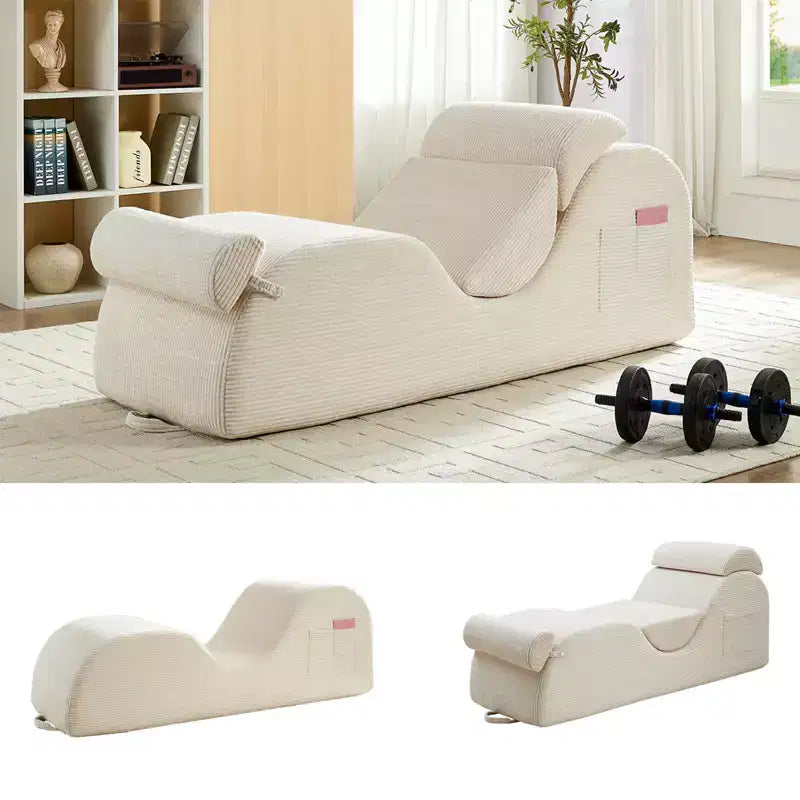 Mjkone Chaise Longue de Yoga en Velours Côtelé, Canapé de Yoga Incurvé avec Appui-Tête/Coussin Lombaire/Repose-Pieds Amovibles, Base Antidérapante