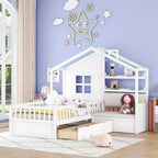 Lit cabane MAYEERTY pour enfant avec canapé, plateforme, deux tiroirs et étagère de rangement, blanc